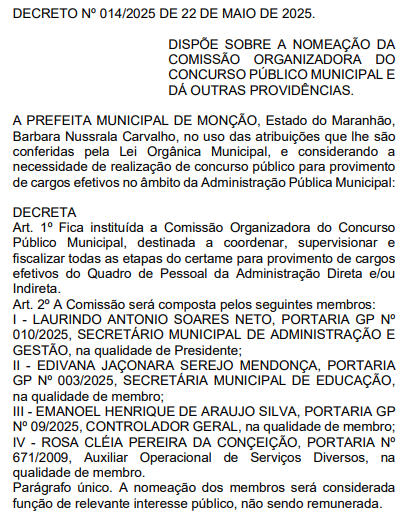 CONCURSO PREFEITURA DE MONÇÃO/MA