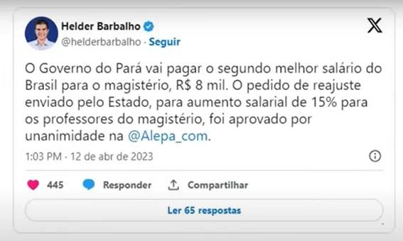 Print da rede social do governador do Estado do Pará
