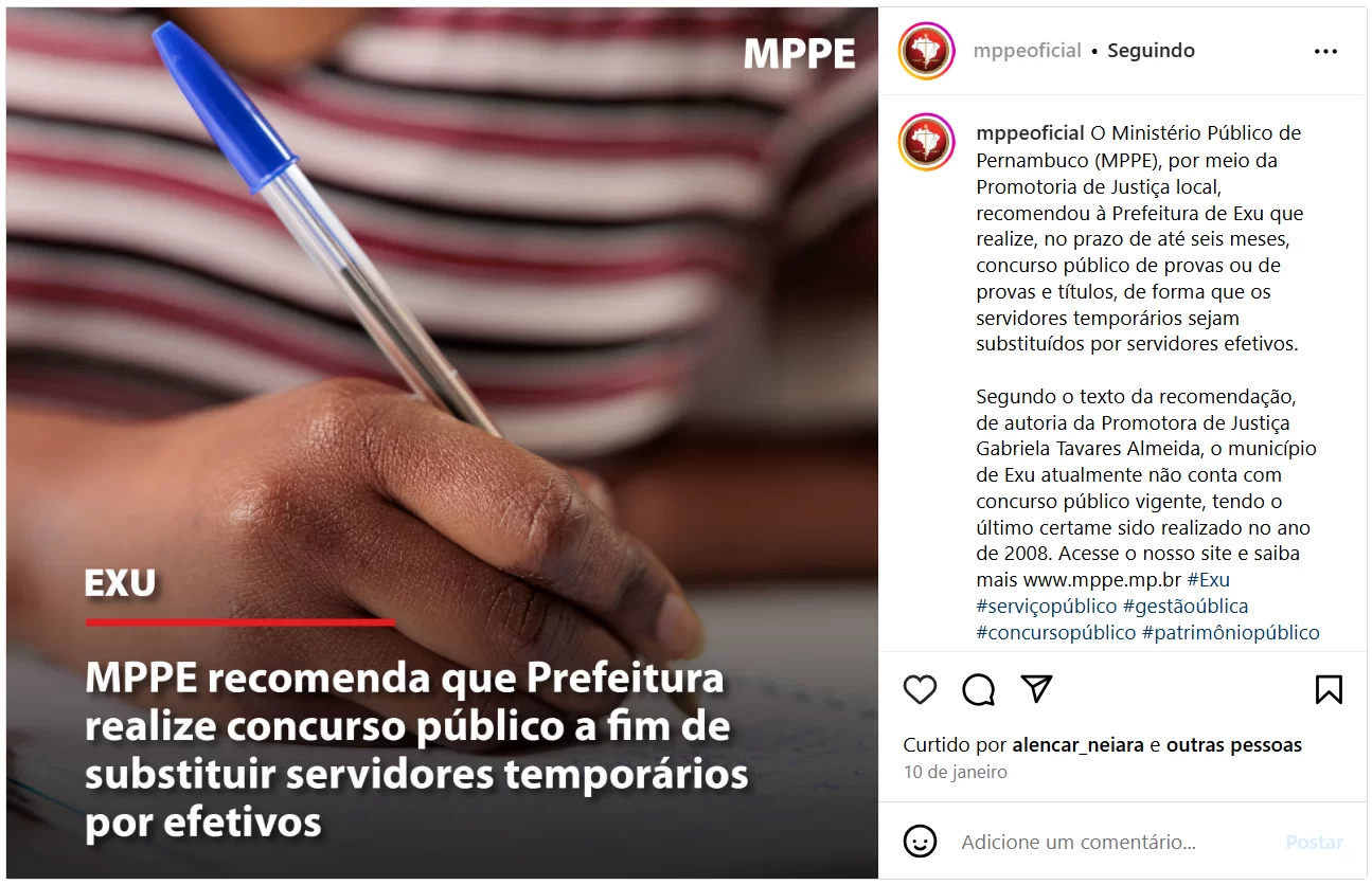 CONCURSO PREFEITURA DE EXU/PE | Reprodução: Instagram