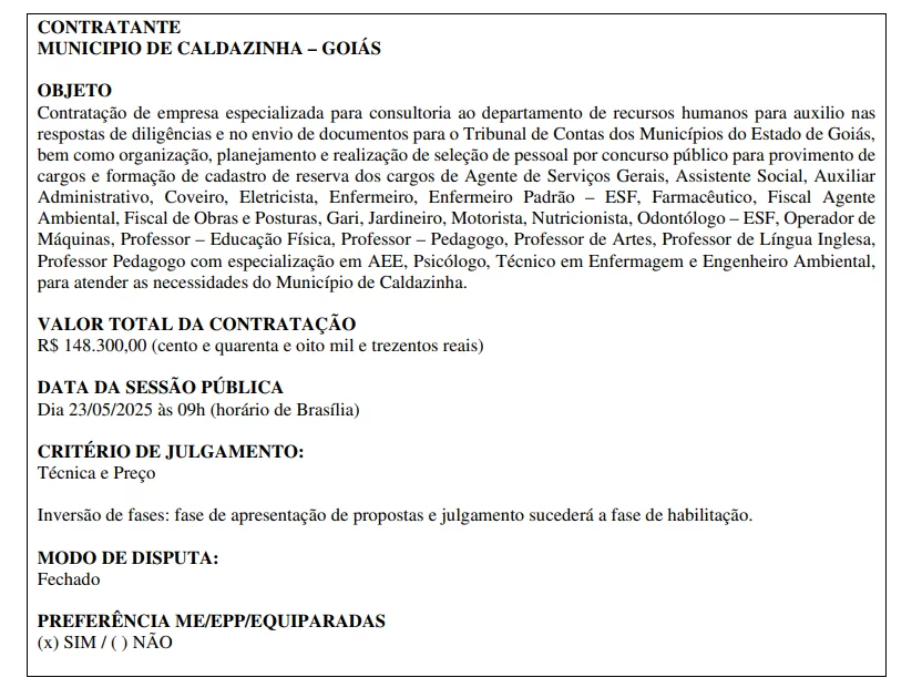 Concurso Prefeitura de Caldazinha/GO - licitação para contratação de banca organizadora