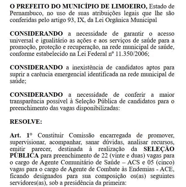 Concurso Prefeitura de Limoeiro/PE: comissão formada