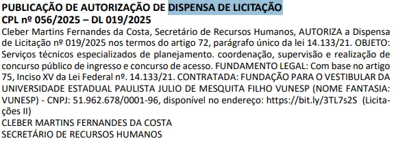 Dispensa de Licitação CONCURSO PREFEITURA DE SOROCABA/SP